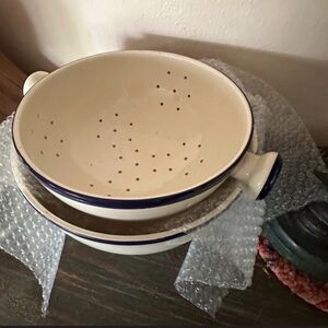 Rare Vintage Cordon Bleu Cream and Blue Ceramic Colander